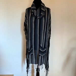 Free People Cowl Neck Poncho Blue/Black/Grey